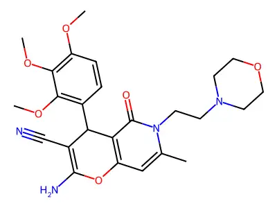 2-amino-7-methyl-6-(2-morpholinoethyl)-5-oxo-4-(2,3,4-trimethoxyphenyl)-5,6-dihydro-4H-pyrano[3,2-c]pyridine-3-carbonitrile structure