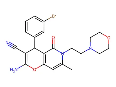 2-amino-4-(3-bromophenyl)-7-methyl-6-(2-morpholinoethyl)-5-oxo-5,6-dihydro-4H-pyrano[3,2-c]pyridine-3-carbonitrile structure