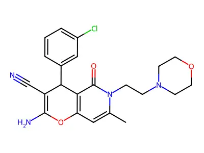 2-amino-4-(3-chlorophenyl)-7-methyl-6-(2-morpholinoethyl)-5-oxo-5,6-dihydro-4H-pyrano[3,2-c]pyridine-3-carbonitrile structure