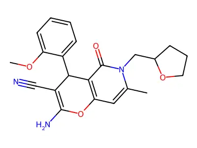 2-amino-4-(2-methoxyphenyl)-7-methyl-5-oxo-6-((tetrahydrofuran-2-yl)methyl)-5,6-dihydro-4H-pyrano[3,2-c]pyridine-3-carbonitrile structure