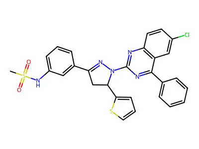 N-(3-(1-(6-chloro-4-phenylquinazolin-2-yl)-5-(thiophen-2-yl)-4,5-dihydro-1H-pyrazol-3-yl)phenyl)methanesulfonamide structure