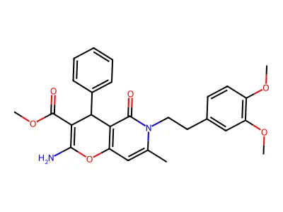methyl 2-amino-6-(3,4-dimethoxyphenethyl)-7-methyl-5-oxo-4-phenyl-5,6-dihydro-4H-pyrano[3,2-c]pyridine-3-carboxylate structure