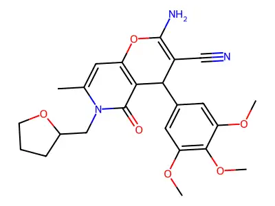 2-amino-7-methyl-5-oxo-6-((tetrahydrofuran-2-yl)methyl)-4-(3,4,5-trimethoxyphenyl)-5,6-dihydro-4H-pyrano[3,2-c]pyridine-3-carbonitrile structure