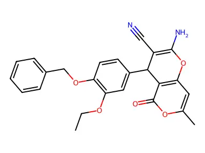 2-amino-4-(4-(benzyloxy)-3-ethoxyphenyl)-7-methyl-5-oxo-4,5-dihydropyrano[4,3-b]pyran-3-carbonitrile structure
