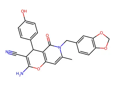 2-amino-6-(1,3-benzodioxol-5-ylmethyl)-4-(4-hydroxyphenyl)-7-methyl-5-oxo-5,6-dihydro-4H-pyrano[3,2-c]pyridine-3-carbonitrile structure