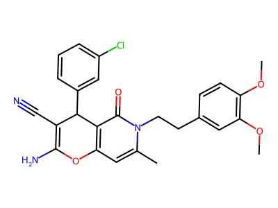 2-amino-4-(3-chlorophenyl)-6-(3,4-dimethoxyphenethyl)-7-methyl-5-oxo-5,6-dihydro-4H-pyrano[3,2-c]pyridine-3-carbonitrile structure