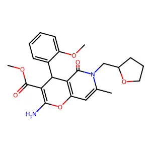 methyl 2-amino-4-(2-methoxyphenyl)-7-methyl-5-oxo-6-((tetrahydrofuran-2-yl)methyl)-5,6-dihydro-4H-pyrano[3,2-c]pyridine-3-carboxylate structure