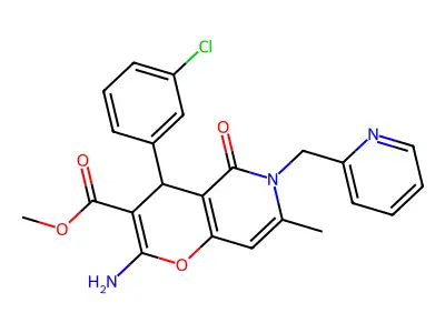 methyl 2-amino-4-(3-chlorophenyl)-7-methyl-5-oxo-6-(pyridin-2-ylmethyl)-5,6-dihydro-4H-pyrano[3,2-c]pyridine-3-carboxylate structure