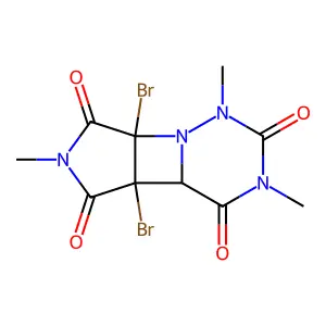 (2R,6S,7S)-2,6-dibromo-4,9,11-trimethyl-1,4,9,11-tetrazatricyclo[5.4.0.02,6]undecane-3,5,8,10-tetrone structure