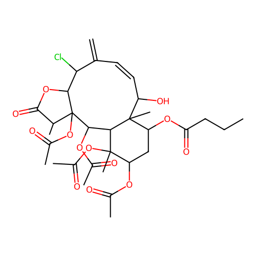 Butanoic acid, monoester with 4-chloro-3a,4,5,8,8a,9,10,11,12,12a,13,13a-dodecylhydro-8,9,11,12,13,13a-hexahydroxy-1,8a,12-trimethyl-5-methylenenenzo(4,5)cyclodeca(1,2-b)furan-2(1H)-one tetraacetate, (1R-(1R*,3aR*,4S*,6z,8S*,8aR*,9S*,11R*,12S*,12aS*,13S*,13aR*))- structure