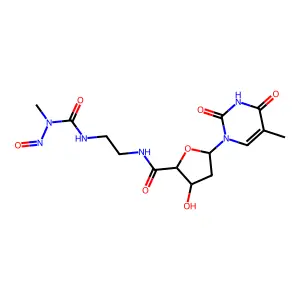 3-hydroxy-5-(5-methyl-2,4-dioxopyrimidin-1-yl)-N-[2-[[methyl(nitroso)carbamoyl]amino]ethyl]oxolane-2-carboxamide structure