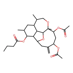 Buanoic acid. 10.12-bis(acetyloxy)decahydro-4,6,9-trimethyl-13-methylene-2,9-penteno-2H-furo(2,3,4-ef)(3)benzoxepin-3-yl ester, (2R*,2aS*,3S*,4S*,5aR*,6S*.9R*,9aR*,9bR*,10S*,12S*)- structure