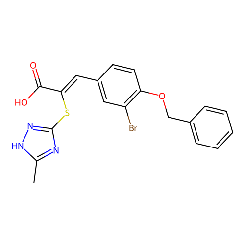 (2Z)-3-[4-(benzyloxy)-3-bromophenyl]-2-[(3-methyl-1H-1,2,4-triazol-4-ium-5-yl)sulfanyl]prop-2-enoate structure