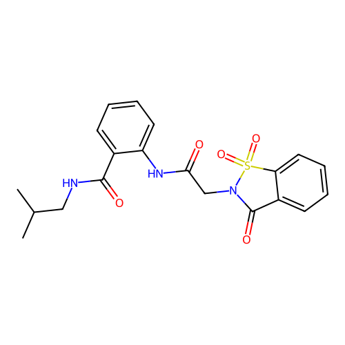 2-{[(1,1-dioxido-3-oxo-1,2-benzothiazol-2(3H)-yl)acetyl]amino}-N-(2-methylpropyl)benzamide structure