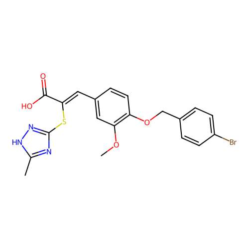 (2Z)-3-{4-[(4-bromobenzyl)oxy]-3-methoxyphenyl}-2-[(3-methyl-1H-1,2,4-triazol-4-ium-5-yl)sulfanyl]prop-2-enoate structure