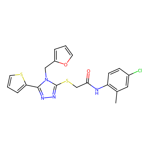 N-(4-chloro-2-methylphenyl)-2-{[4-(furan-2-ylmethyl)-5-(thiophen-2-yl)-4H-1,2,4-triazol-3-yl]sulfanyl}acetamide structure