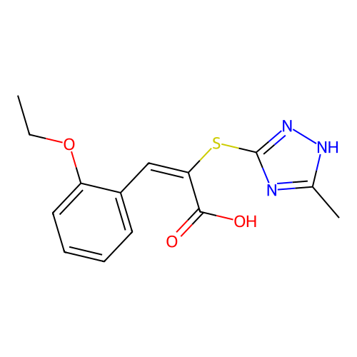 (2E)-3-(2-ethoxyphenyl)-2-[(3-methyl-1H-1,2,4-triazol-4-ium-5-yl)sulfanyl]prop-2-enoate structure
