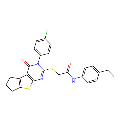 2-((3-(4-chlorophenyl)-4-oxo-4,5,6,7-tetrahydro-3H-cyclopenta[4,5]thieno[2,3-d]pyrimidin-2-yl)thio)-N-(4-ethylphenyl)acetamide structure