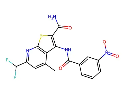 6-(difluoromethyl)-4-methyl-3-[(3-nitrobenzoyl)amino]thieno[2,3-b]pyridine-2-carboxamide structure