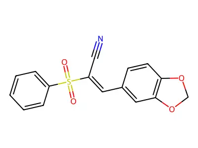 (E)-3-(1,3-benzodioxol-5-yl)-2-(phenylsulfonyl)-2-propenenitrile structure