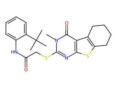 N-[2-(tert-butyl)phenyl]-2-(3-methyl-4-oxo(3,5,6,7,8-pentahydrobenzo[b]thiophe no[2,3-d]pyrimidin-2-ylthio))acetamide structure