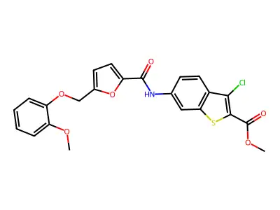 methyl 3-chloro-6-(5-((2-methoxyphenoxy)methyl)furan-2-carboxamido)benzo[b]thiophene-2-carboxylate structure