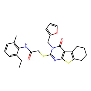 N-(6-ethyl-2-methylphenyl)-2-[3-(2-furylmethyl)-4-oxo(3,5,6,7,8-pentahydrobenz o[b]thiopheno[2,3-d]pyrimidin-2-ylthio)]acetamide structure