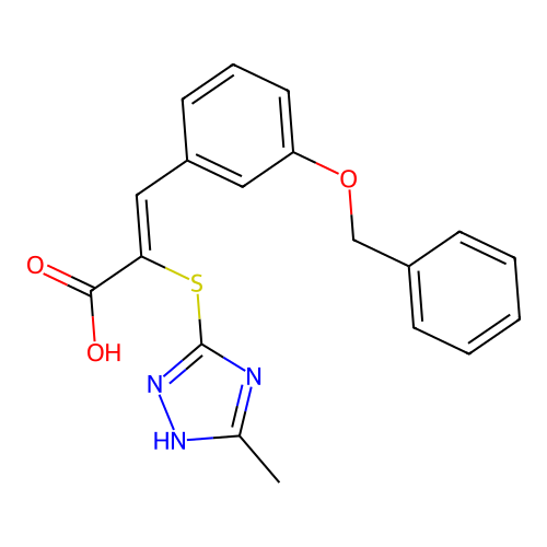(Z)-3-(3-(benzyloxy)phenyl)-2-((5-methyl-4H-1,2,4-triazol-3-yl)thio)acrylic acid structure