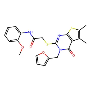 2-[3-(2-furylmethyl)-5,6-dimethyl-4-oxo(3-hydrothiopheno[2,3-d]pyrimidin-2-ylt hio)]-N-(2-methoxyphenyl)acetamide structure