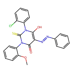 1-(2-chlorophenyl)-3-(2-methoxyphenyl)-5-(phenylhydrazinylidene)-2-sulfanylidene-1,3-diazinane-4,6-dione structure
