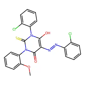 (5Z)-1-(2-Chlorophenyl)-5-[2-(2-chlorophenyl)hydrazinylidene]-3-(2-methoxyphenyl)-2-sulfanylidene-1,3-diazinane-4,6-dione structure