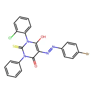 (5E)-5-[2-(4-Bromophenyl)hydrazinylidene]-1-(2-chlorophenyl)-3-phenyl-2-sulfanylidenedihydropyrimidine-4,6(1H,5H)-dione structure