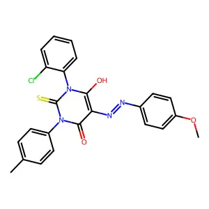 (5E)-1-(2-Chlorophenyl)-5-[2-(4-methoxyphenyl)hydrazinylidene]-3-(4-methylphenyl)-2-sulfanylidenedihydropyrimidine-4,6(1H,5H)-dione structure