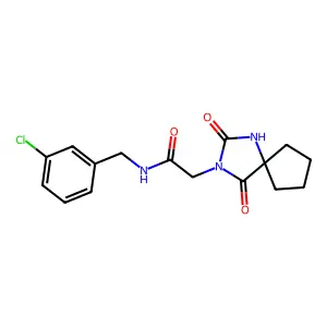 N-[(3-chlorophenyl)methyl]-2-(2,4-dioxo-1,3-diazaspiro[4.4]nonan-3-yl)acetamide structure