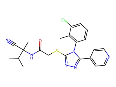 2-[[4-(3-chloro-2-methylphenyl)-5-pyridin-4-yl-1,2,4-triazol-3-yl]sulfanyl]-N-(2-cyano-3-methylbutan-2-yl)acetamide structure