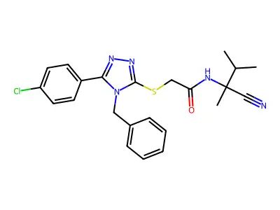 2-[[4-benzyl-5-(4-chlorophenyl)-1,2,4-triazol-3-yl]sulfanyl]-N-(2-cyano-3-methylbutan-2-yl)acetamide structure