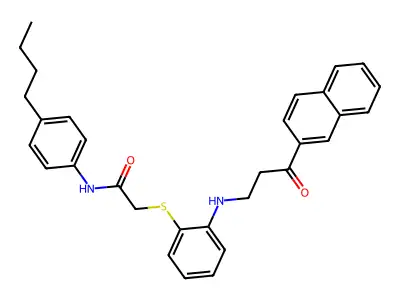 N-(4-Butylphenyl)-2-((2-((3-(2-naphthyl)-3-oxopropyl)amino)phenyl)thio)acetamide structure