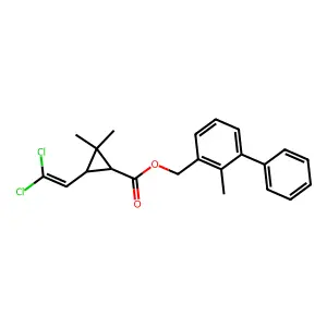 (2-methyl-3-phenylphenyl)methyl (3R)-3-(2,2-dichloroethenyl)-2,2-dimethylcyclopropane-1-carboxylate structure