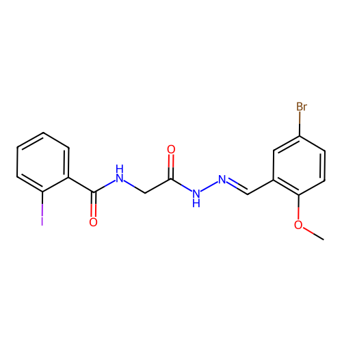 N-[[(5-bromo-2-methoxy-phenyl)methylideneamino]carbamoylmethyl]-2-iodo-benzamide structure
