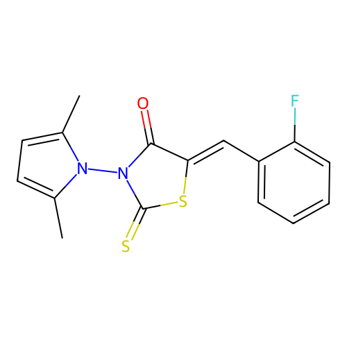 (Z)-3-(2,5-dimethyl-1H-pyrrol-1-yl)-5-(2-fluorobenzylidene)-2-thioxothiazolidin-4-one structure