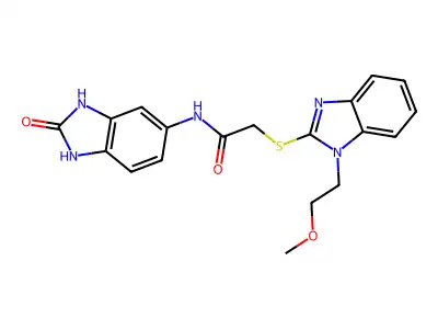 2-[1-(2-methoxyethyl)benzimidazol-2-yl]sulfanyl-N-(2-oxo-1,3-dihydrobenzimidazol-5-yl)acetamide structure
