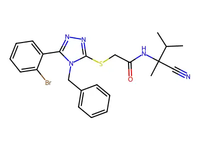 2-[[4-benzyl-5-(2-bromophenyl)-1,2,4-triazol-3-yl]sulfanyl]-N-(2-cyano-3-methylbutan-2-yl)acetamide structure