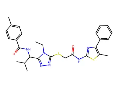 N-[1-[4-ethyl-5-[2-[(5-methyl-4-phenyl-1,3-thiazol-2-yl)amino]-2-oxoethyl]sulfanyl-1,2,4-triazol-3-yl]-2-methylpropyl]-4-methylbenzamide structure