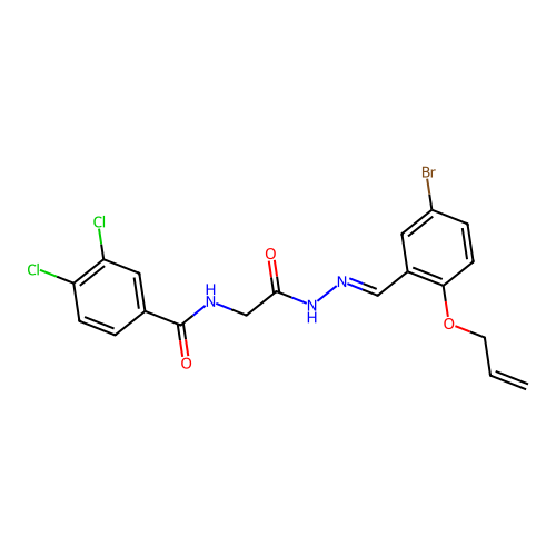 N-[[(5-bromo-2-prop-2-enoxy-phenyl)methylideneamino]carbamoylmethyl]-3,4-dichloro-benzamide structure