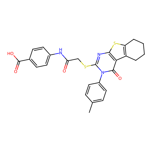 4-(2-((4-oxo-3-(p-tolyl)-3,4,5,6,7,8-hexahydrobenzo[4,5]thieno[2,3-d]pyrimidin-2-yl)thio)acetamido)benzoic acid structure