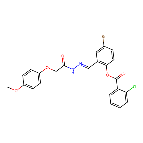 4-Bromo-2-(2-((4-methoxyphenoxy)acetyl)carbohydrazonoyl)phenyl 2-chlorobenzoate structure