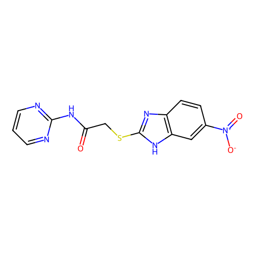 2-[(5-nitro-1H-benzimidazol-2-yl)sulfanyl]-N-(pyrimidin-2-yl)acetamide structure
