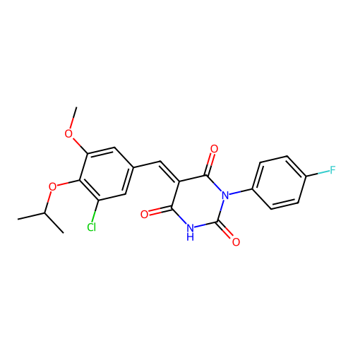 (5E)-5-[(3-chloro-5-methoxy-4-propan-2-yloxyphenyl)methylidene]-1-(4-fluorophenyl)-1,3-diazinane-2,4,6-trione structure