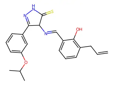 2-Allyl-6-(((3-(3-isopropoxyphenyl)-5-mercapto-4H-pyrazol-4-YL)imino)ME)phenol structure