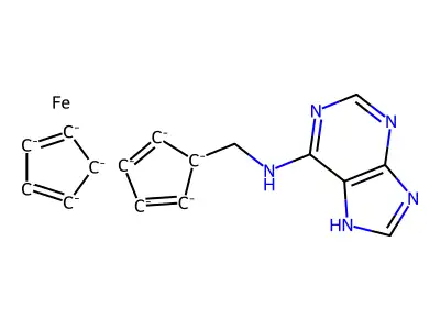 cyclopenta-1,3-diene;N-(cyclopenta-2,4-dien-1-ylmethyl)-7H-purin-6-amine;iron structure